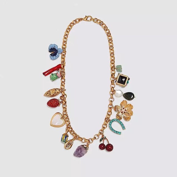 Zara Gold Everything Charms Crystal Bar Circle Link Chain Necklaces - Picture 9 of 16